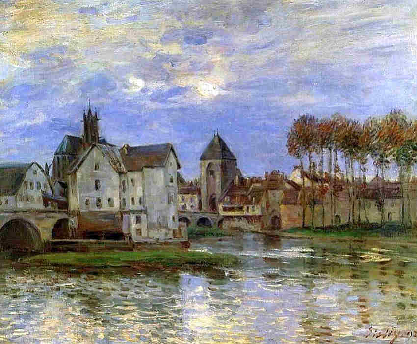 Le pont &agrave; Moret-sur-Loing sous  le soleil couchant par Alfred Sisley