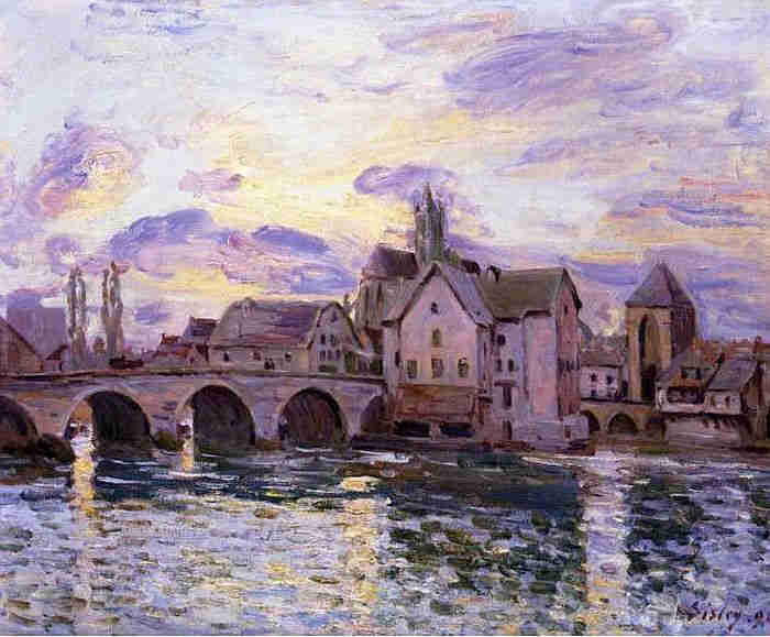 Coucher de soleil sur  le pont de Moret-sur-Loing  par Alfred Sisley