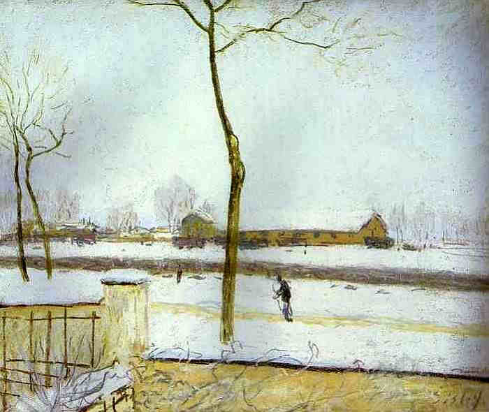 Moret-sur-Loing, sc&egrave;ne de neigne pr&egrave;s de la gare par Alfred Sisley