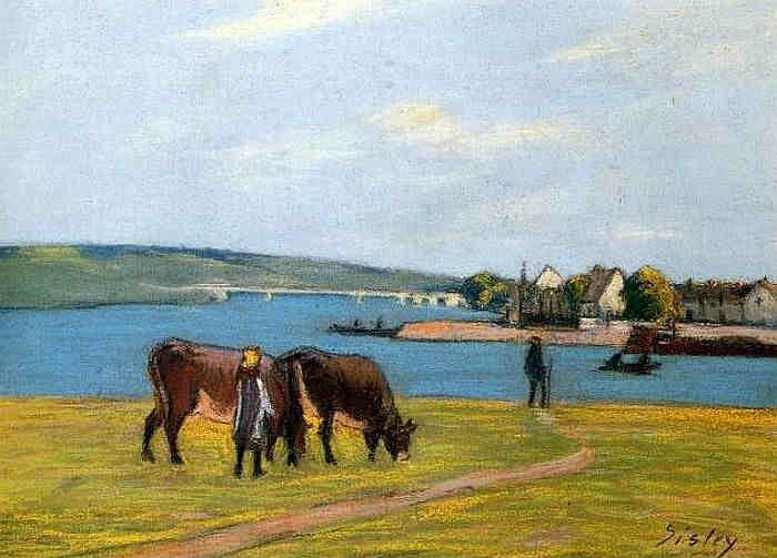 Vaches paissant au bord de la Seine &agrave; St-Mamm&egrave;s  par Alfred Sisley