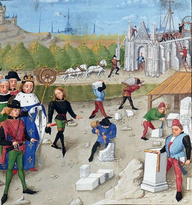 Dagobert visitant  le chantier  de la basilique de St-Denis par Robinet Testard