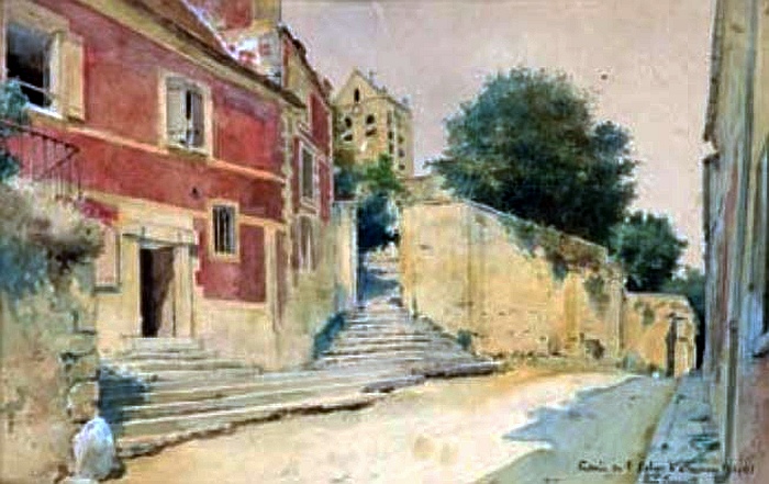 Escalier vers l'&eacute;glise d'Auvers-sur-Oise par  par Luis Jim&eacute;nez y Aranda