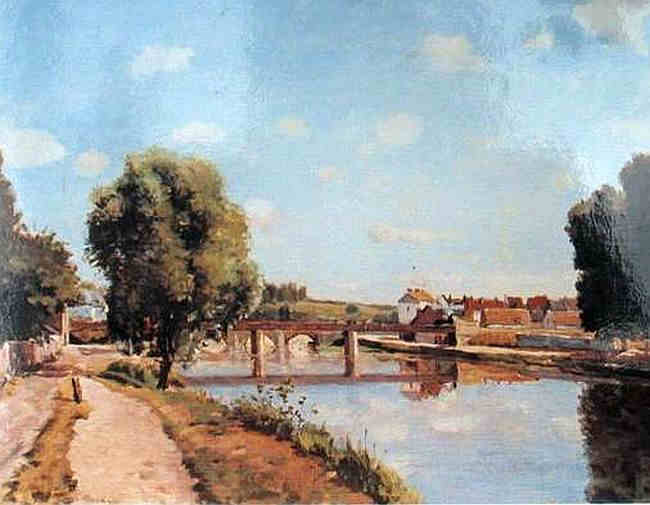 Pontoise, le pont de chemin de fer, par Camille L'usine &agrave; Pontoise, au bord de l'Oise par  Camille Pissaro