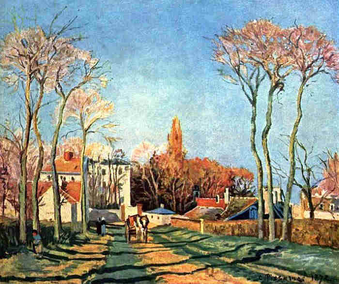 L'entr&eacute;e du village de Voisins par Camille Pissaro