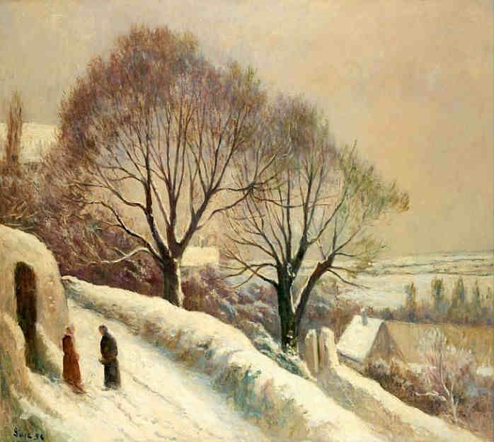 Route de l'&eacute;glise sous la neige &agrave; Rolleboise par Maximilien Luce
